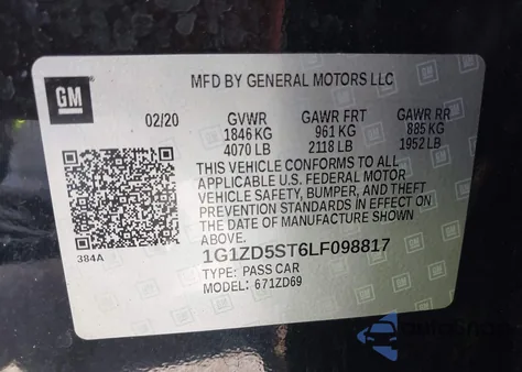 2020 Chevrolet Malibu Fwd Lt из США, поврежденный, VIN 1G1ZD5ST6LF098817